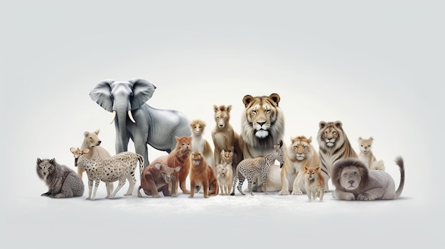 Foto groep van geïsoleerde dieren achtergrond dierbeschermingsconcept