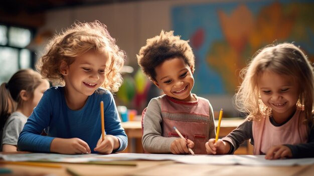 Foto groep van kleine kleuters zit aan een bureau op de achtergrond van de klas