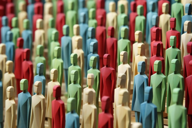 Foto groep van kleurrijke houten figuren die in een rij voor elkaar staan