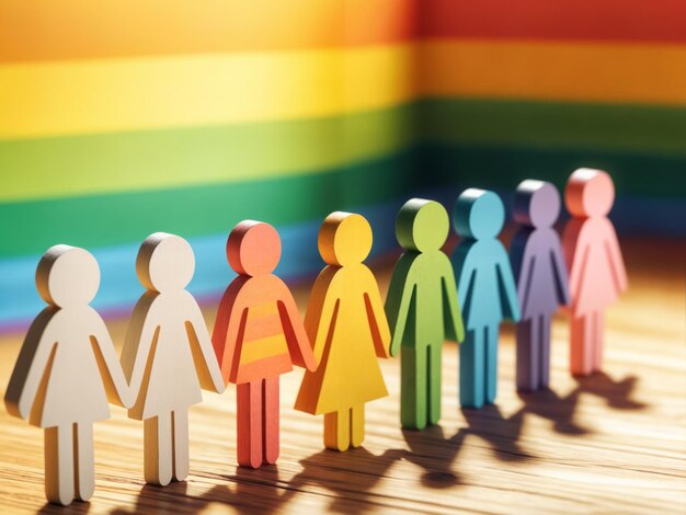 Foto groep van kleurrijke mensen op een houten tafel op een regenboog achtergrond