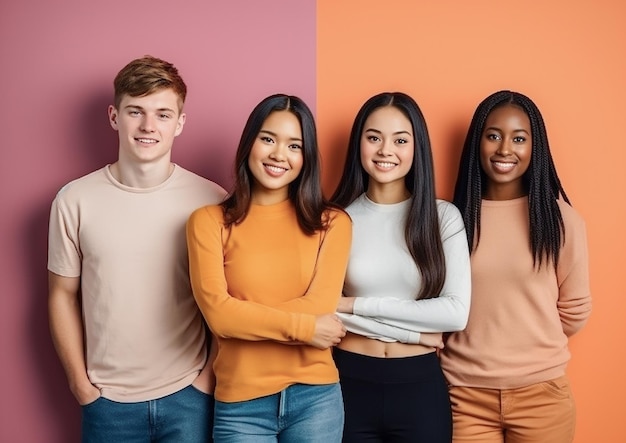 Groep van multiraciale tieners die gelukkig een AI genereren omhelzen