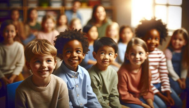 Foto groep van verschillende kinderen die gelukkig in de klas zitten