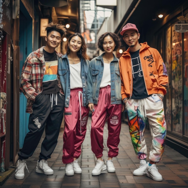 Groep van vier jonge Chinezen die kleurrijke kleren en witte schoenen dragen