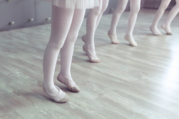 Groep van vier kleine ballerina's en jongen ballerun die samen poseren
