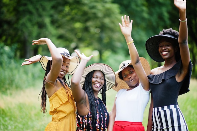 Groep van vier prachtige Afro-Amerikaanse dames dragen een zomerhoed die tijd doorbrengt op groen gras in het park.