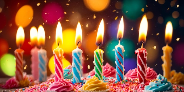 Groep van vijf kaarsen op verjaardagstaart met gekleurde glazuur en besprenkels