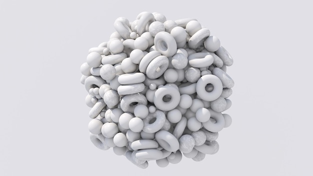 Groep van witte ballen en ringen witte achtergrond Abstracte zwart-wit afbeelding 3d render