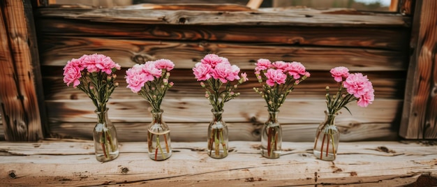 Groep vazen gevuld met roze bloemen