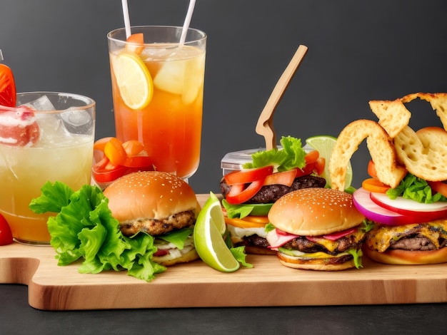 Groep verse zomercocktails en hamburger een houten bord geïsoleerd op zwarte achtergrond ai gegenereerd