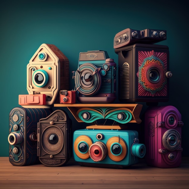 Groep vintage camera's die bovenop elkaar zitten Generatieve AI