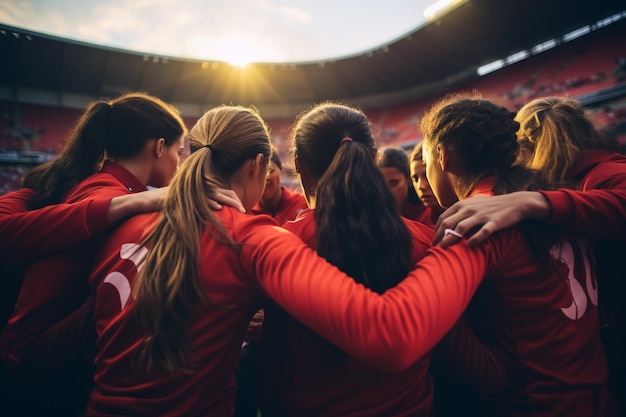 Groep voetballers die achter elkaar staan en elkaar omhelzen in het stadion