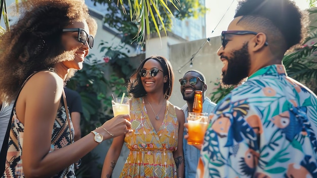 Groep vreugdevolle, uiteenlopende vrienden genieten van een zomerfeestje met verfrissende dranken