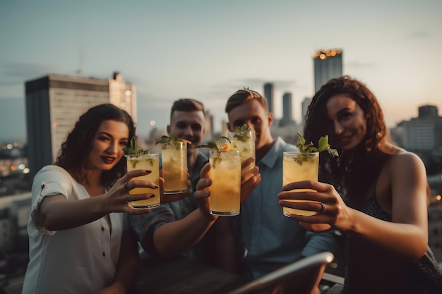 Groep vrienden die alcoholische cocktails drinken Neuraal netwerk AI gegenereerd