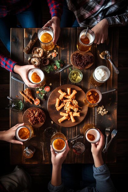 Foto groep vrienden die bier drinken en snacks eten op een houten achtergrond