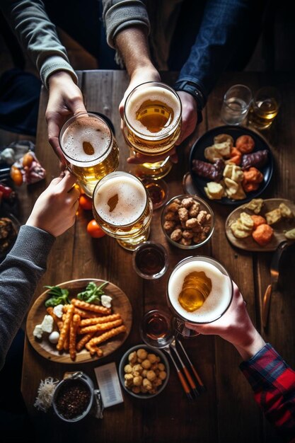 Foto groep vrienden die bier drinken en snacks eten op een houten achtergrond