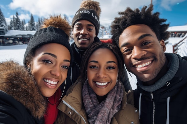 Groep vrienden die een sneeuw selfie maken