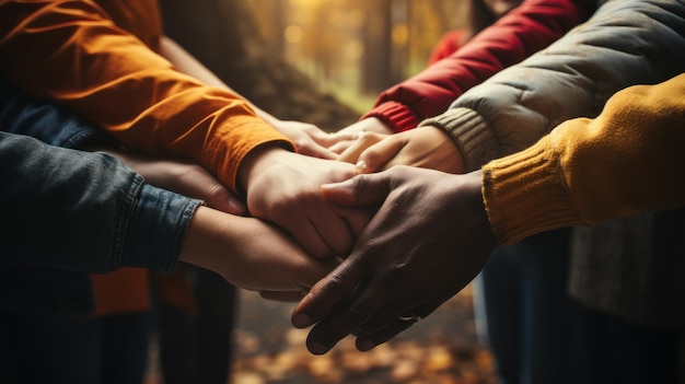 Foto groep vrienden die elkaar de hand houden in een bos close-up eenheidsconcept