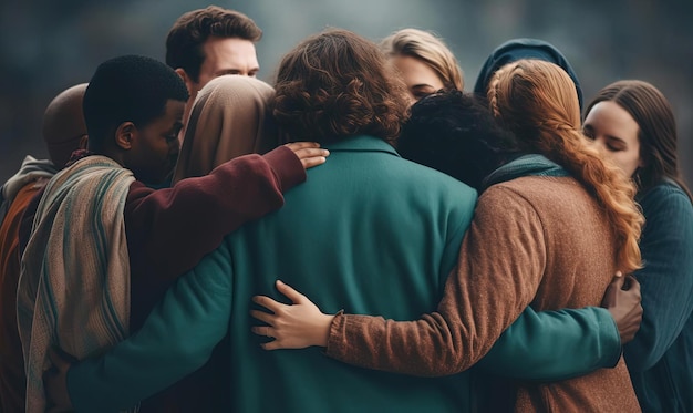 Foto groep vrienden die elkaar knuffelen geïsoleerd tegen wit