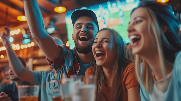 Groep vrienden die juichen en lachen terwijl ze naar een wedstrijd kijken in een sportbar