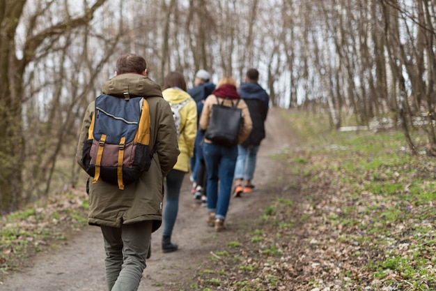 Groep vrienden die met rugzakken in de lentebos lopen van rug. Backpackers wandelen in het bos. Avontuur, reizen, toerisme, actieve rust, wandelen en mensen vriendschap concept.