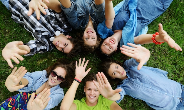 Groep vrienden die op weide liggen