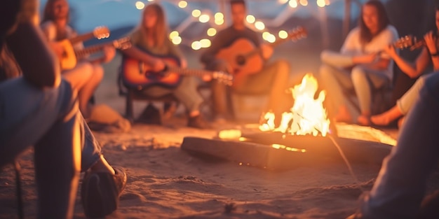 Groep vrienden die plezier hebben op het strand, gitaar spelen en zingen met AI gegenereerd