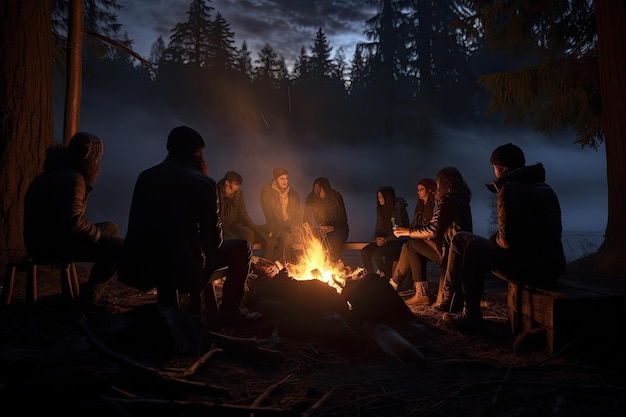 Groep vrienden die 's nachts rond het kampvuur in het bos zitten Een angstaanjagende en fantasierijke scène die een spookachtige AI uitbeeldt