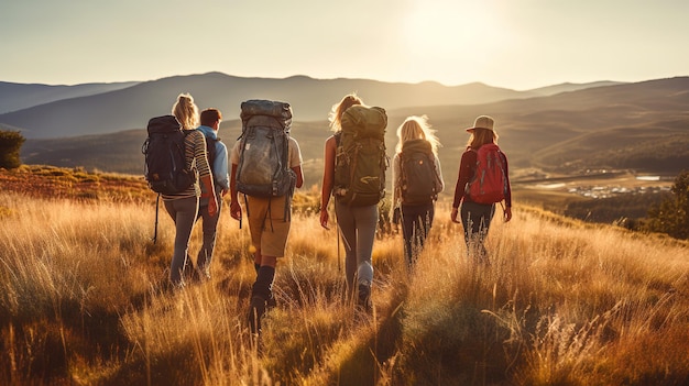 Groep vrienden die samen buiten wandelen, de wildernis verkennen en plezier hebbenGenerative Ai