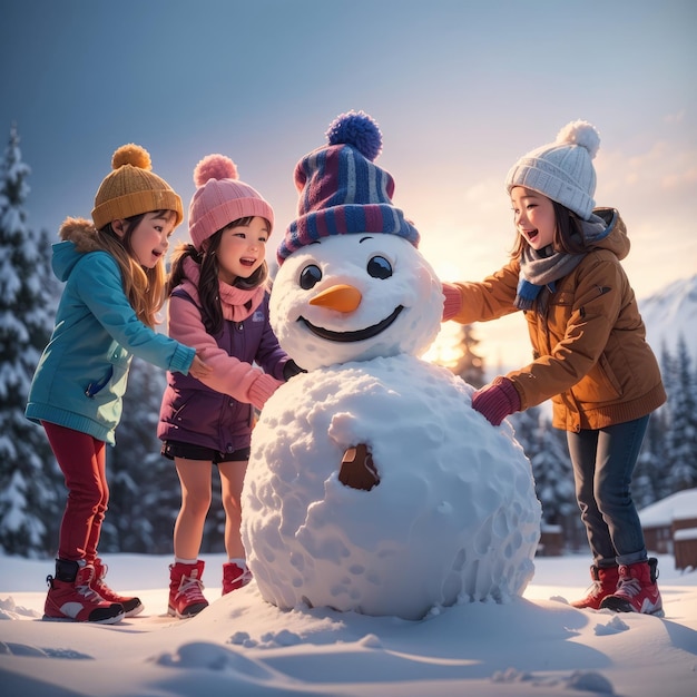 Foto groep vrienden die samen een sneeuwman bouwen