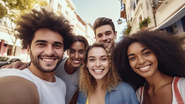 Groep vrienden die samen multi-etnische tieners glimlachen die een selfie nemen Concept vriendschap