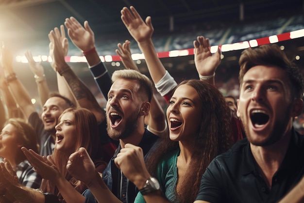 Foto groep vrienden die voor het sportteam juichen fans die voor hun team juichen vieren de overwinning in de bar groep jongeren die opgewonden schreeuwen voor het voetbalteam