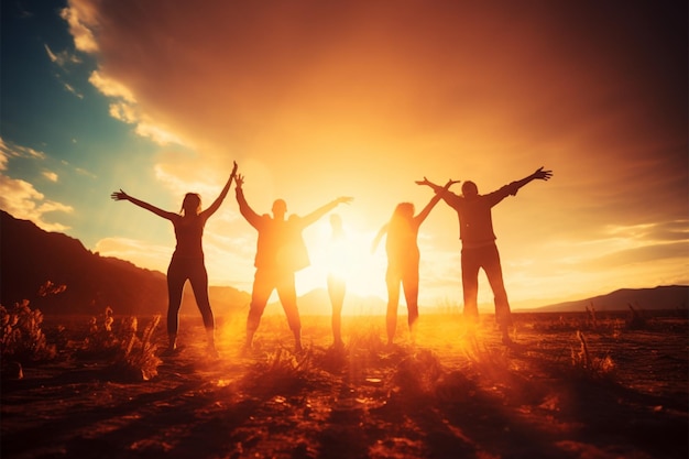 Groep vrienden die zich vermaken tegen een prachtige zonsondergang