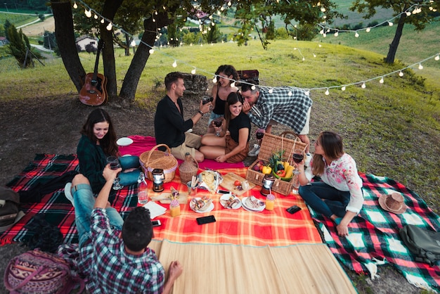 Groep vrienden eten in de natuur