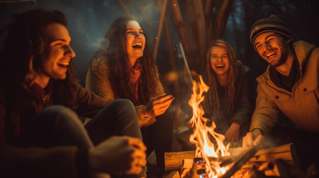 Groep vrienden genieten van vreugdevuur glimlachend en ontspannend tijdens het kamperen