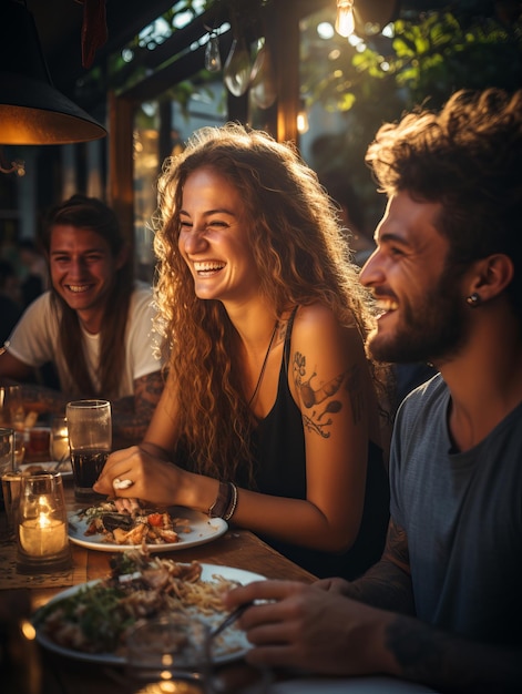 Groep vrienden lachen en genieten van een diner in de open lucht