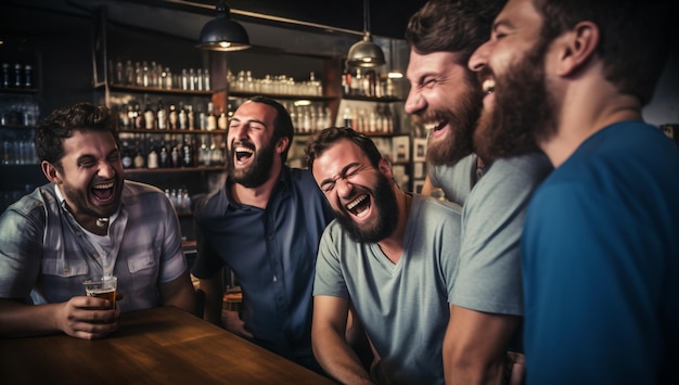 Groep vrienden lachen en plezier hebben in een bar