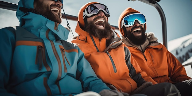 Groep vrienden op een skilift lachen in de stijl van lichte indigo en oranje generatieve ai