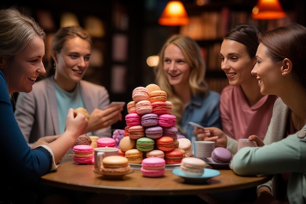 Groep vrienden verzameld rond een tafel vol macarons generatieve AI