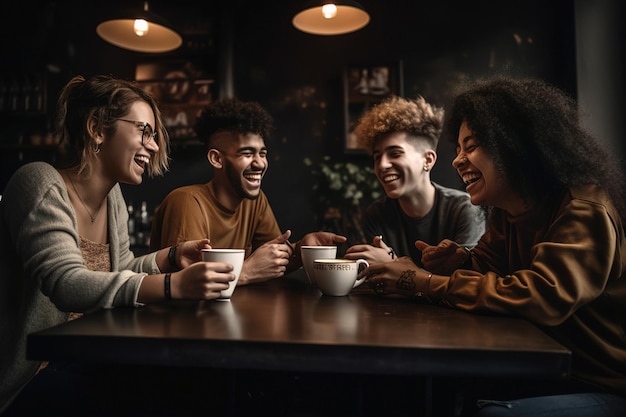 Groep vrienden zitten rond een salontafel te lachen en te kletsen met een verscheidenheid aan koffiedranken