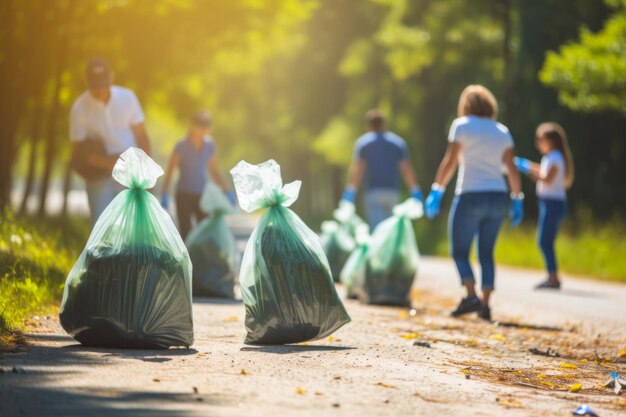 Groep vrijwilligers die afval verzamelen in openbaar park Recyclingconcept