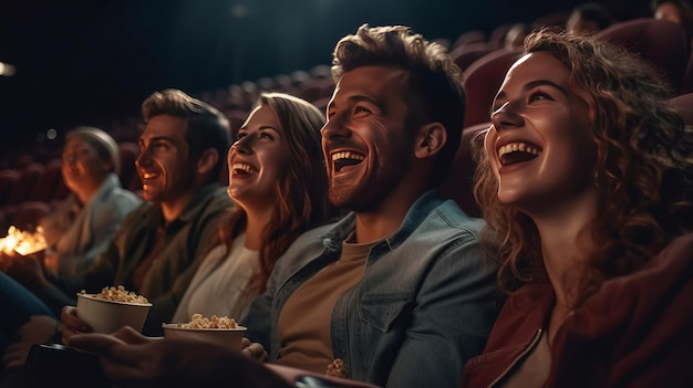 Groep vrolijke mensen die lachen terwijl ze een film in de bioscoop kijken