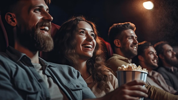 Groep vrolijke mensen lachen tijdens het kijken naar film in bioscoopconcept recreatie en entertainment Generatieve Ai