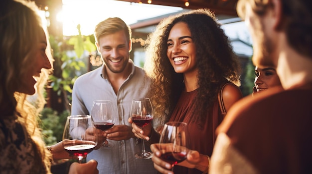 Groep vrolijke vrienden die wijn drinken op een feestje