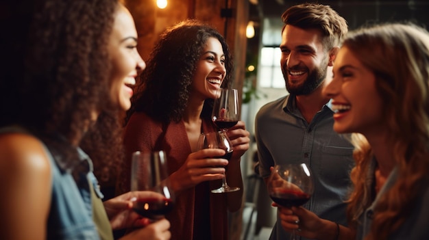 Groep vrolijke vrienden die wijn drinken op een feestje