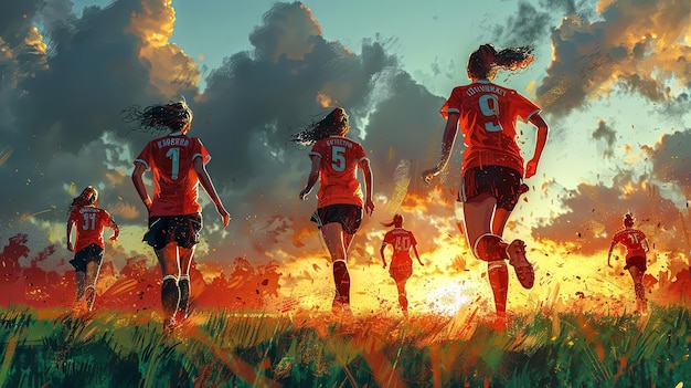 Groep vrouwelijke voetballers die bij zonsondergang op het veld rennen