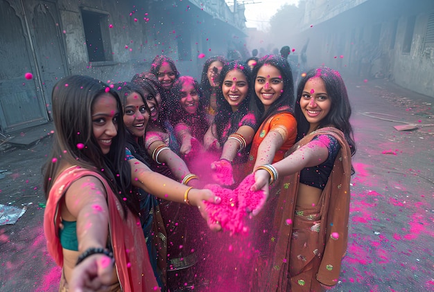 Groep vrouwen die genieten van Holi-festiviteiten