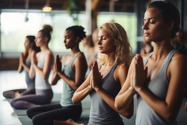 Groep vrouwen die yoga doen in de sportschool