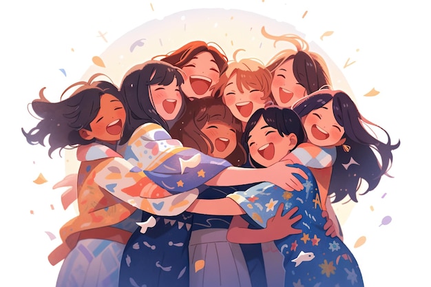 groep vrouwen vrienden knuffelen illustratie anime stijl illustratie kleurrijke tekening