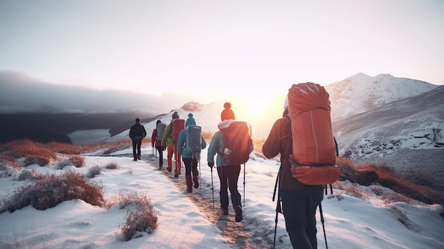 Groep wandelaars die op een spoor in de sneeuw lopen Generatieve Ai