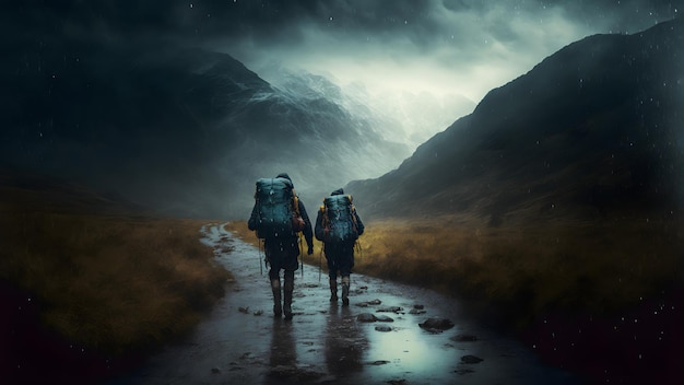 Groep wandelende reizigers in de scandinavische bergen op regenachtige mistige dag neuraal netwerk gegenereerd